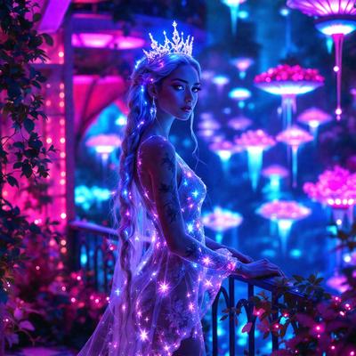 The primary subject of the image is a woman wearing a crown and a white dress. She is standing on a balcony, surrounded by a beautiful garden with colorful flowers. The setting includes a fence and a staircase, adding to the overall atmosphere of the scene. The visual style of the image is a combination of photo and digital art, creating a unique and captivating scene. The colors and mood of the image are vibrant and lively, with the woman's white dress and the colorful flowers